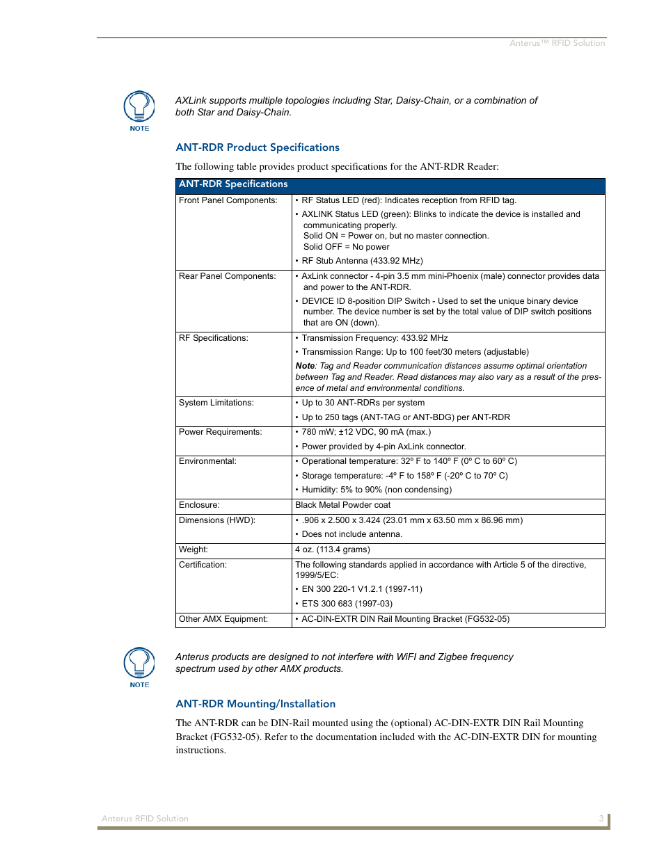 Ant-rdr product specifications, Ant-rdr mounting/installation | AMX Control System Accessories Anterus User Manual | Page 7 / 38