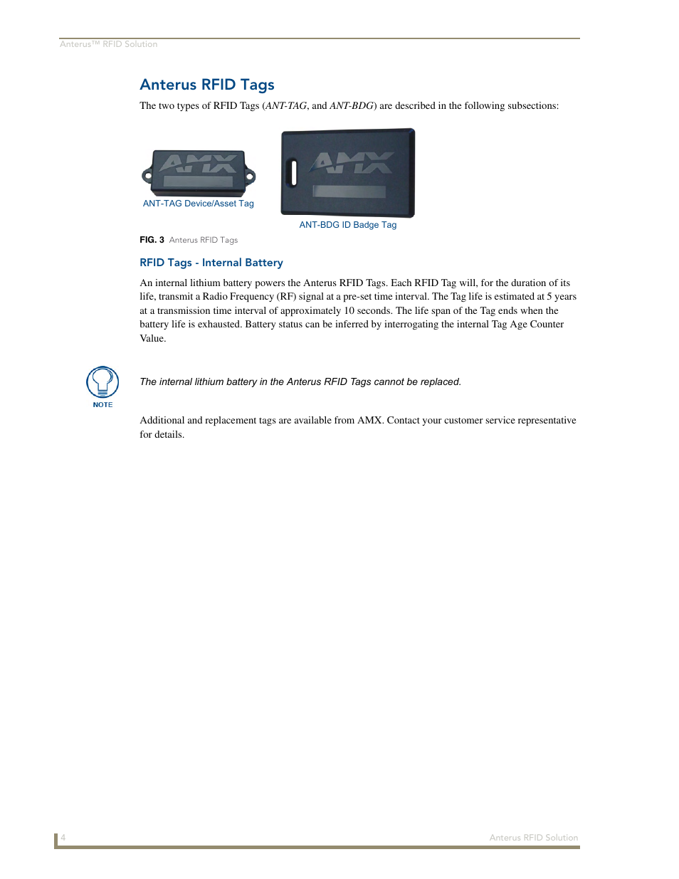 Anterus rfid tags, Rfid tags - internal battery | AMX Control System Accessories Anterus User Manual | Page 8 / 38