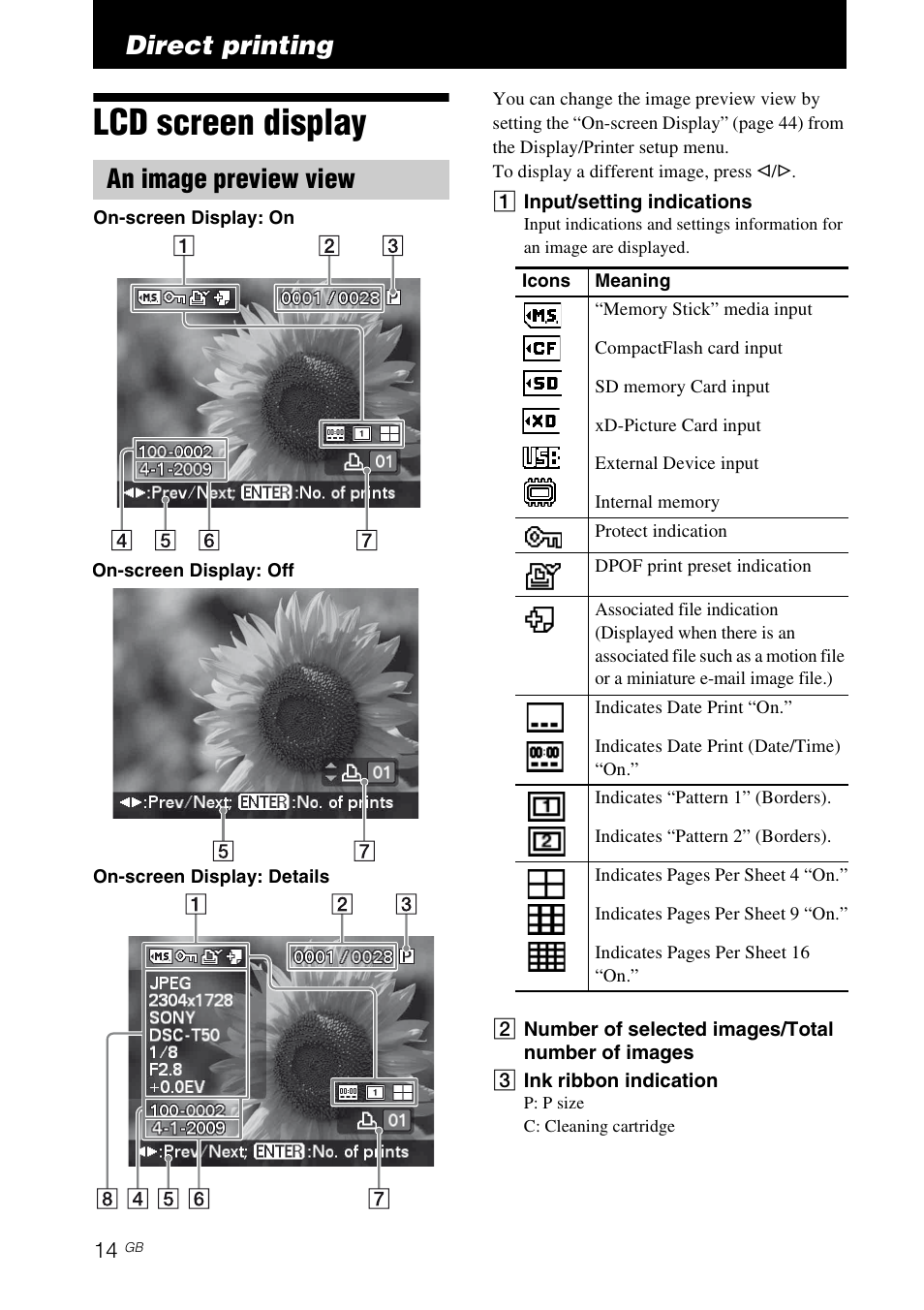 Direct printing, Lcd screen display, An image preview view | Sony DPP-FP97 User Manual | Page 14 / 88