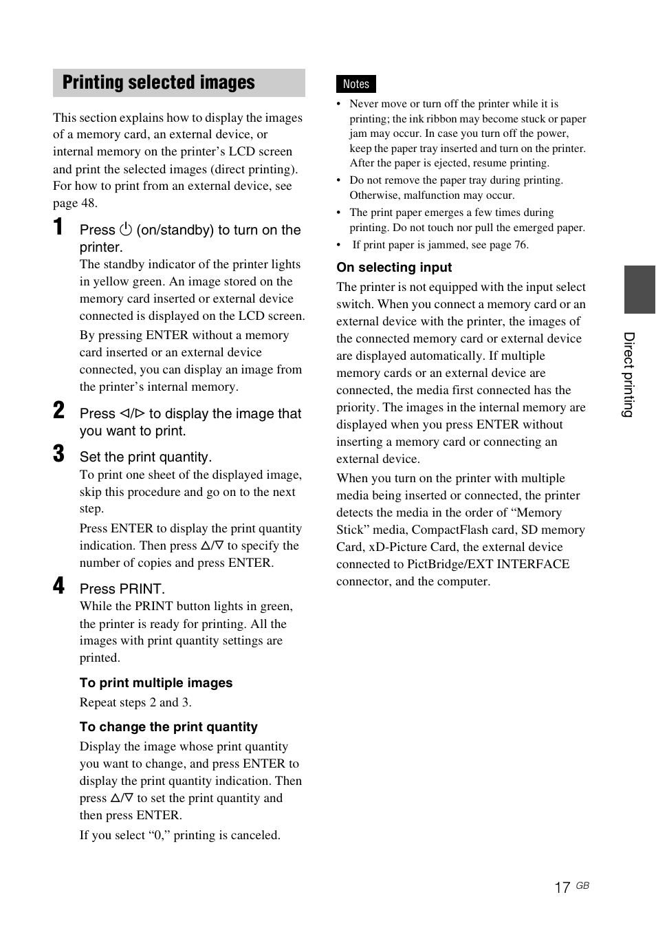 Printing selected images | Sony DPP-FP97 User Manual | Page 17 / 88