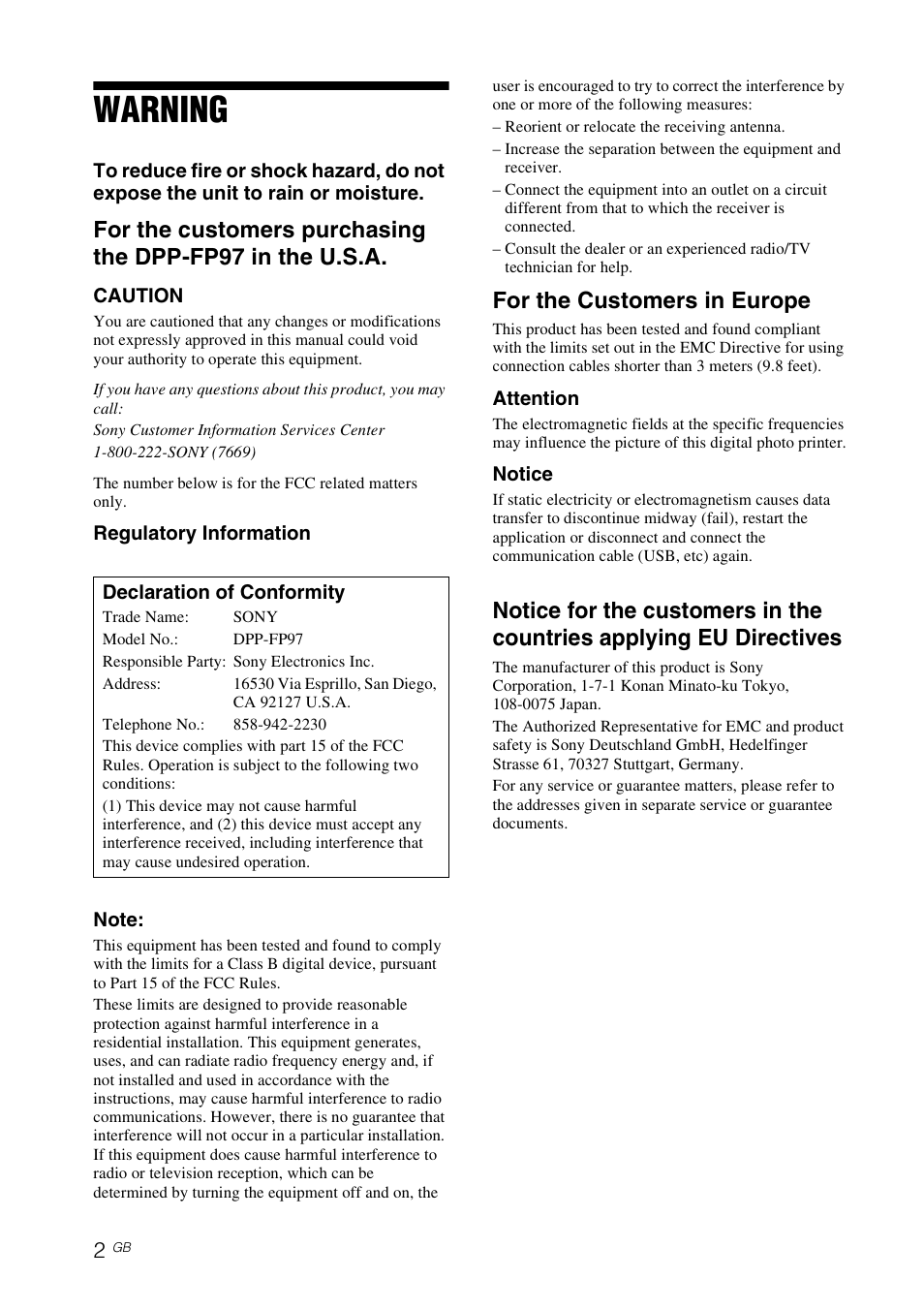 Warning, For the customers in europe | Sony DPP-FP97 User Manual | Page 2 / 88