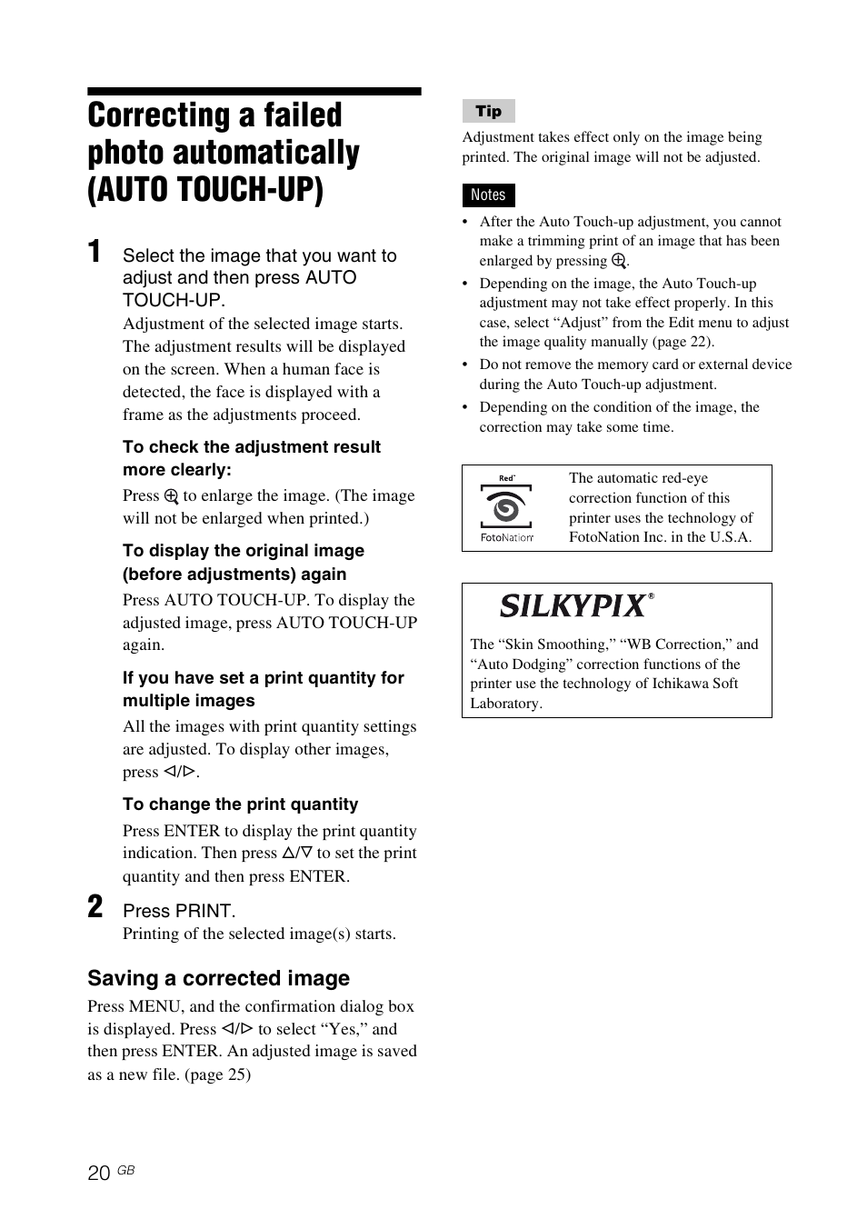 Saving a corrected image | Sony DPP-FP97 User Manual | Page 20 / 88