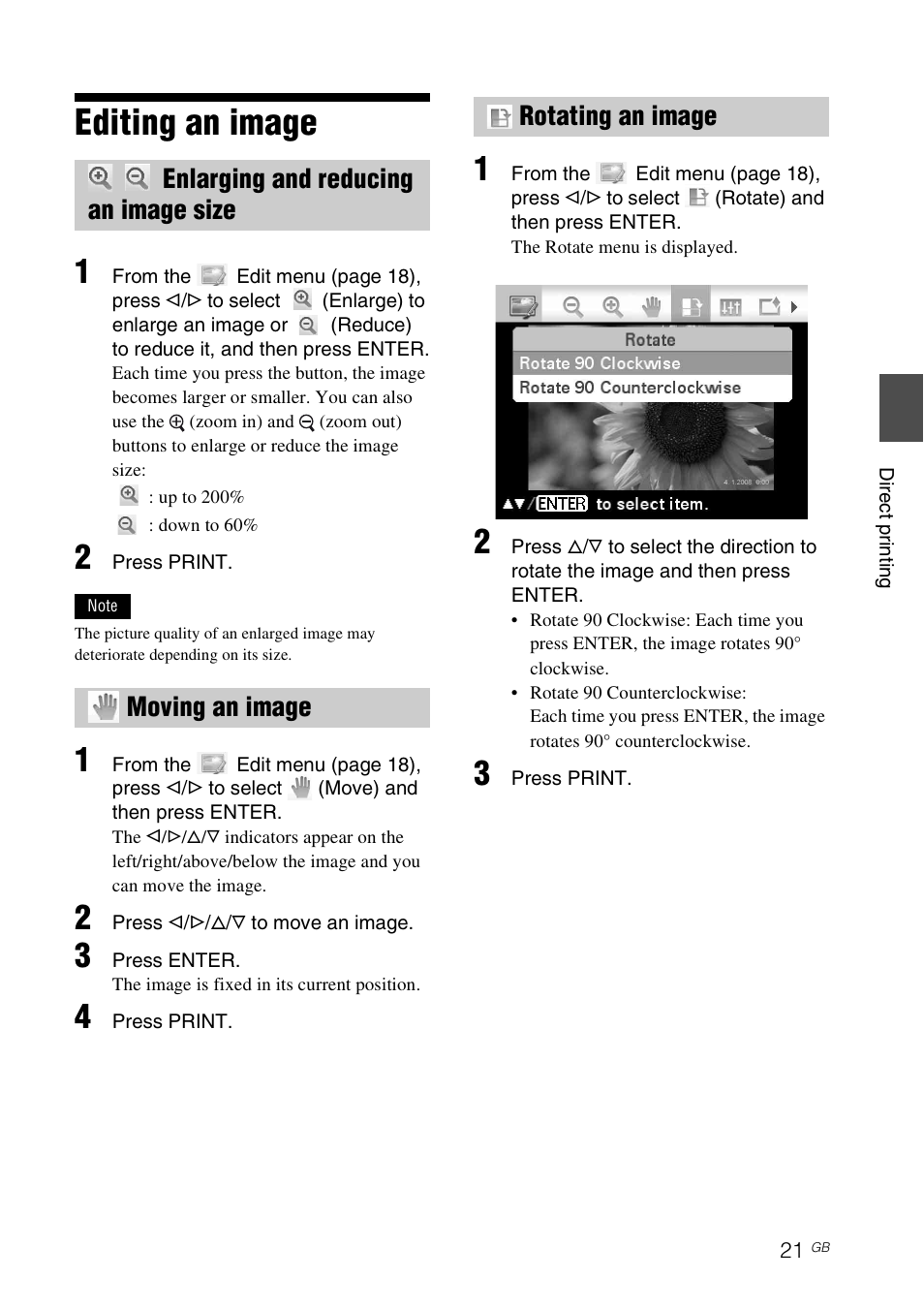 Editing an image, Enlarging and reducing an image size, Moving an image | Rotating an image | Sony DPP-FP97 User Manual | Page 21 / 88