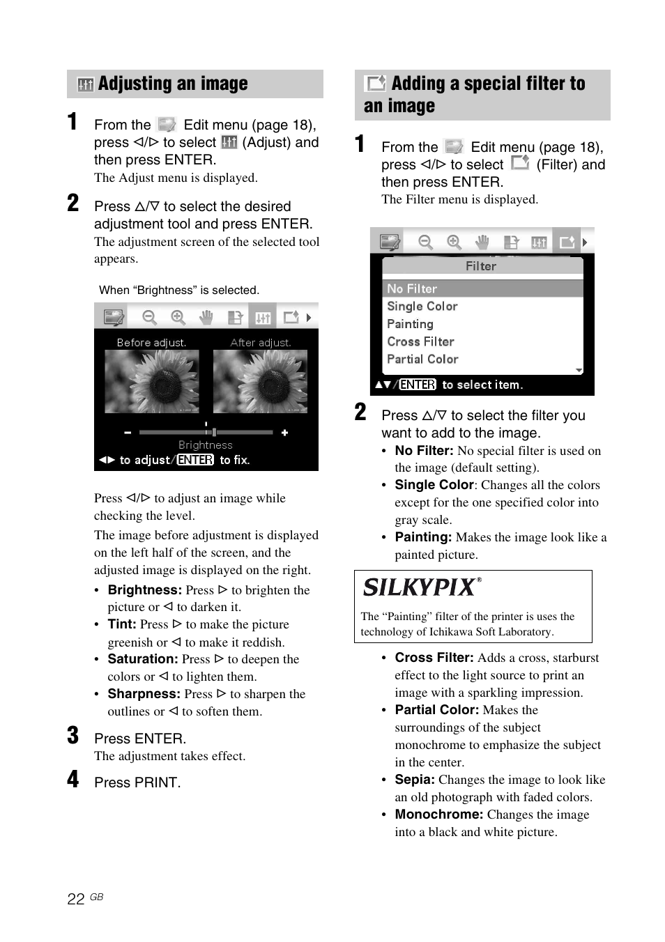 Adjusting an image, Adding a special filter to an image, Adding a special filter to an image . 22 | Sony DPP-FP97 User Manual | Page 22 / 88