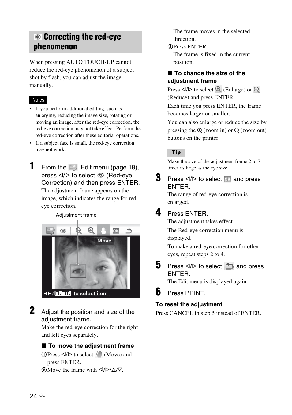 Correcting the red-eye phenomenon | Sony DPP-FP97 User Manual | Page 24 / 88