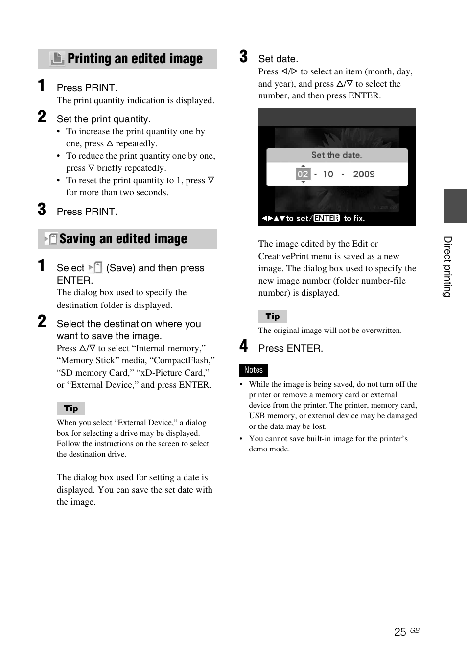 Printing an edited image, Saving an edited image, Printing an edited image saving an edited image | Sony DPP-FP97 User Manual | Page 25 / 88