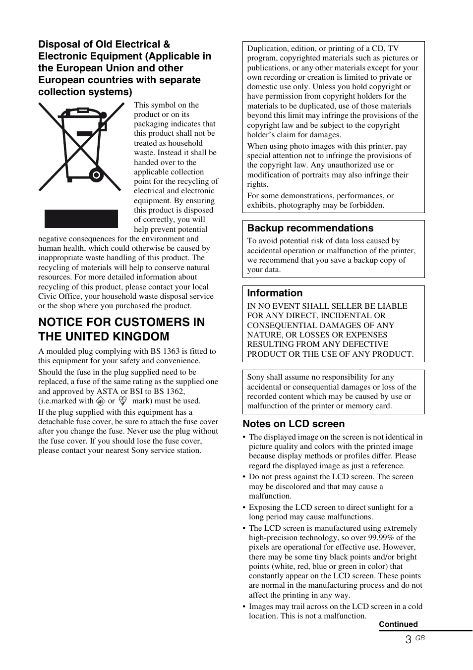 Notice for customers in the united kingdom | Sony DPP-FP97 User Manual | Page 3 / 88