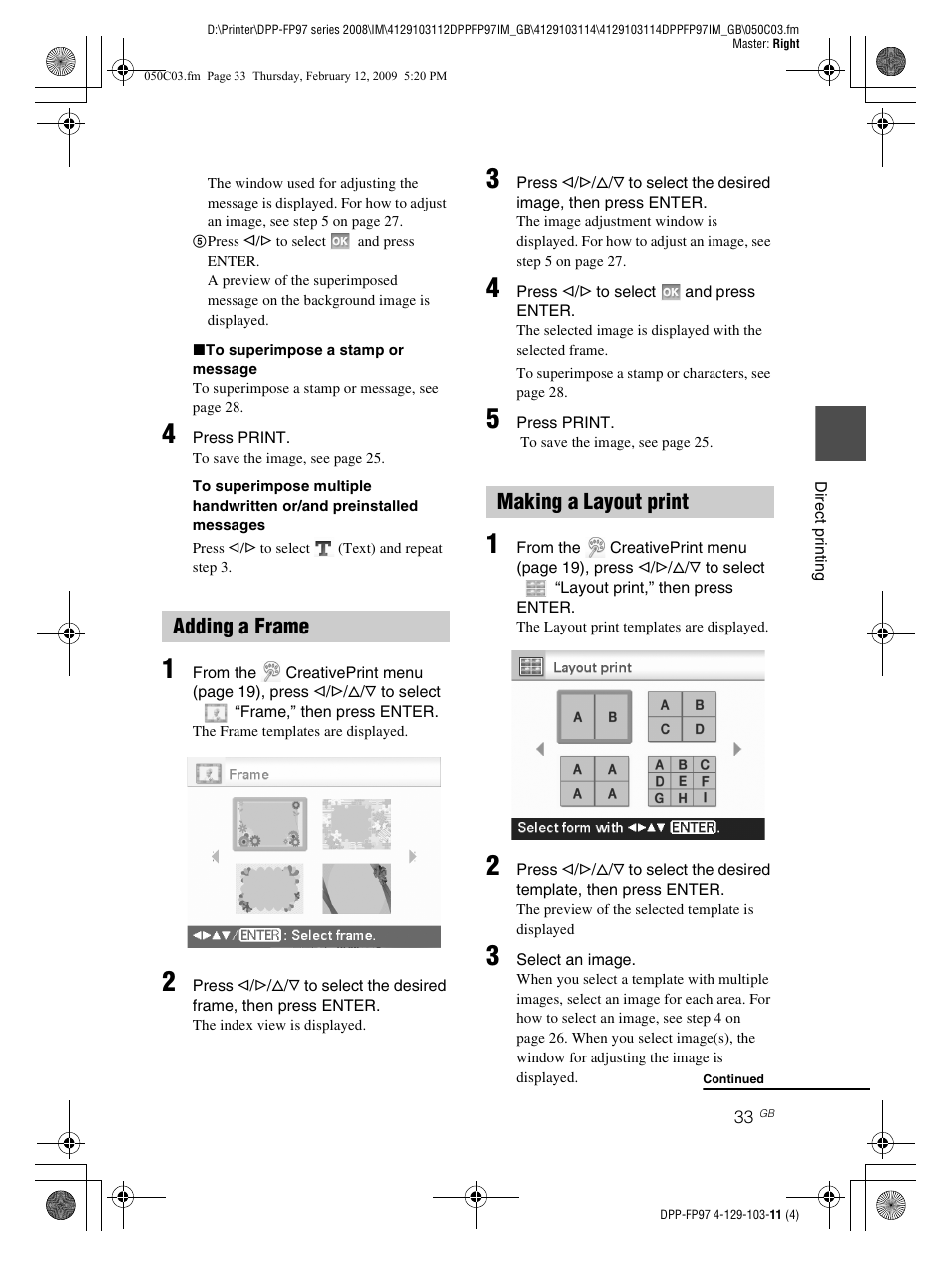 Adding a frame, Making a layout print, Adding a frame making a layout print | Sony DPP-FP97 User Manual | Page 33 / 88