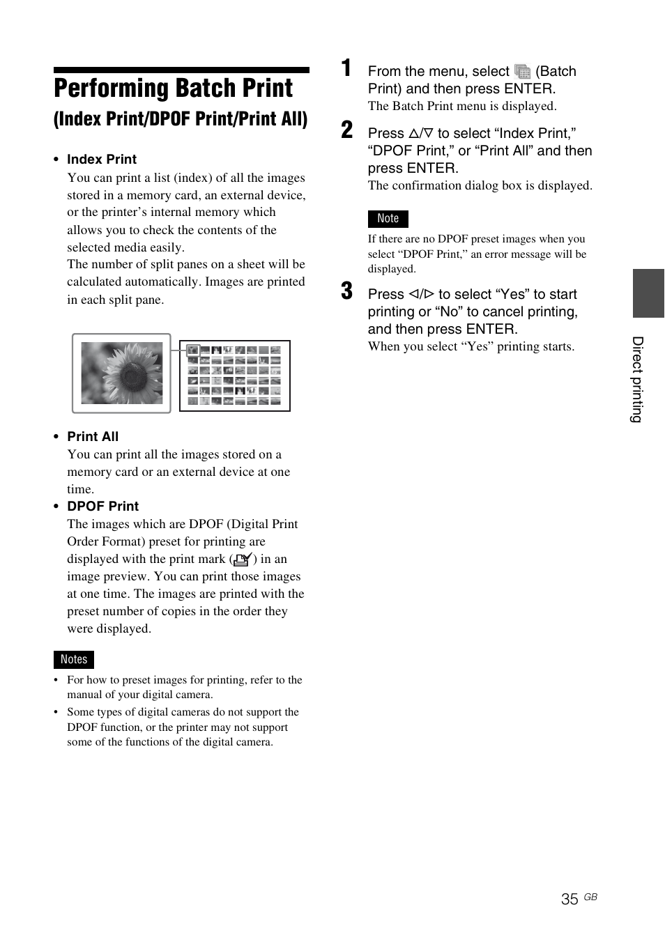 Performing batch print, Index print/dpof print/print all) | Sony DPP-FP97 User Manual | Page 35 / 88