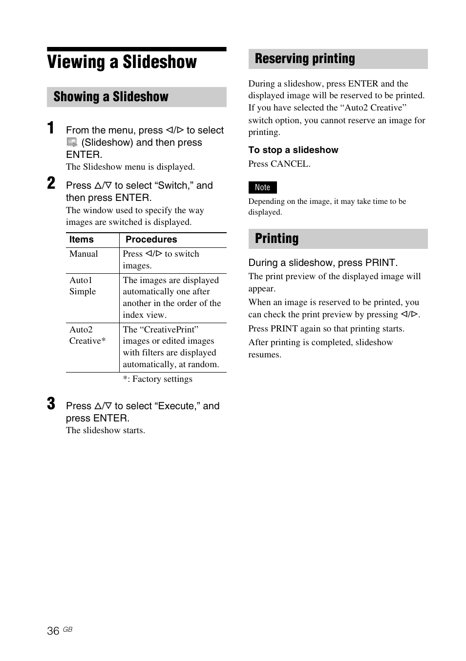 Viewing a slideshow, Showing a slideshow, Reserving printing | Printing, Showing a slideshow reserving printing printing, Reserving printing printing | Sony DPP-FP97 User Manual | Page 36 / 88