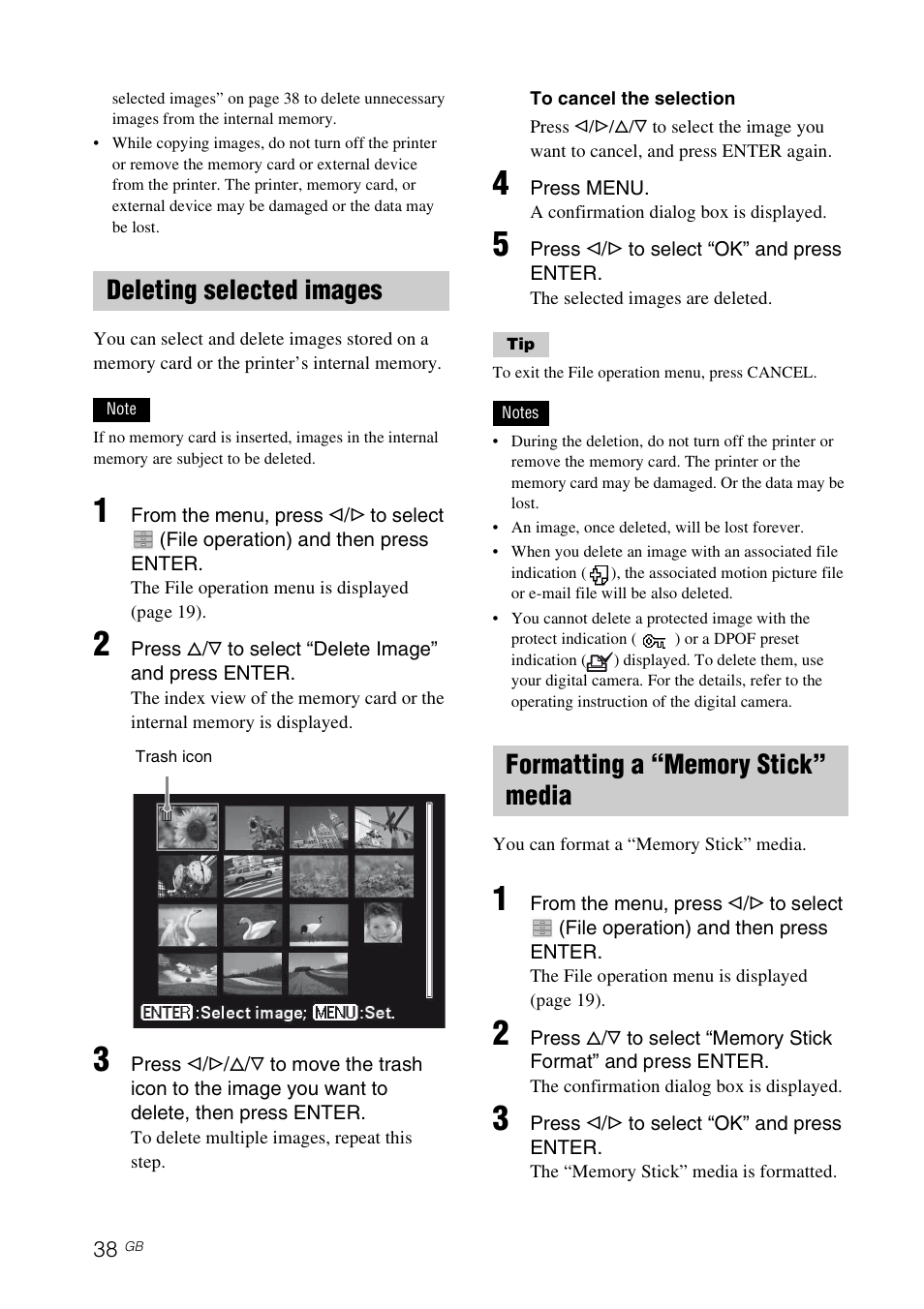 Deleting selected images, Formatting a “memory stick” media | Sony DPP-FP97 User Manual | Page 38 / 88