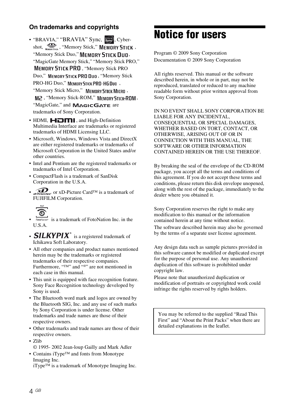 Notice for users, On trademarks and copyrights | Sony DPP-FP97 User Manual | Page 4 / 88