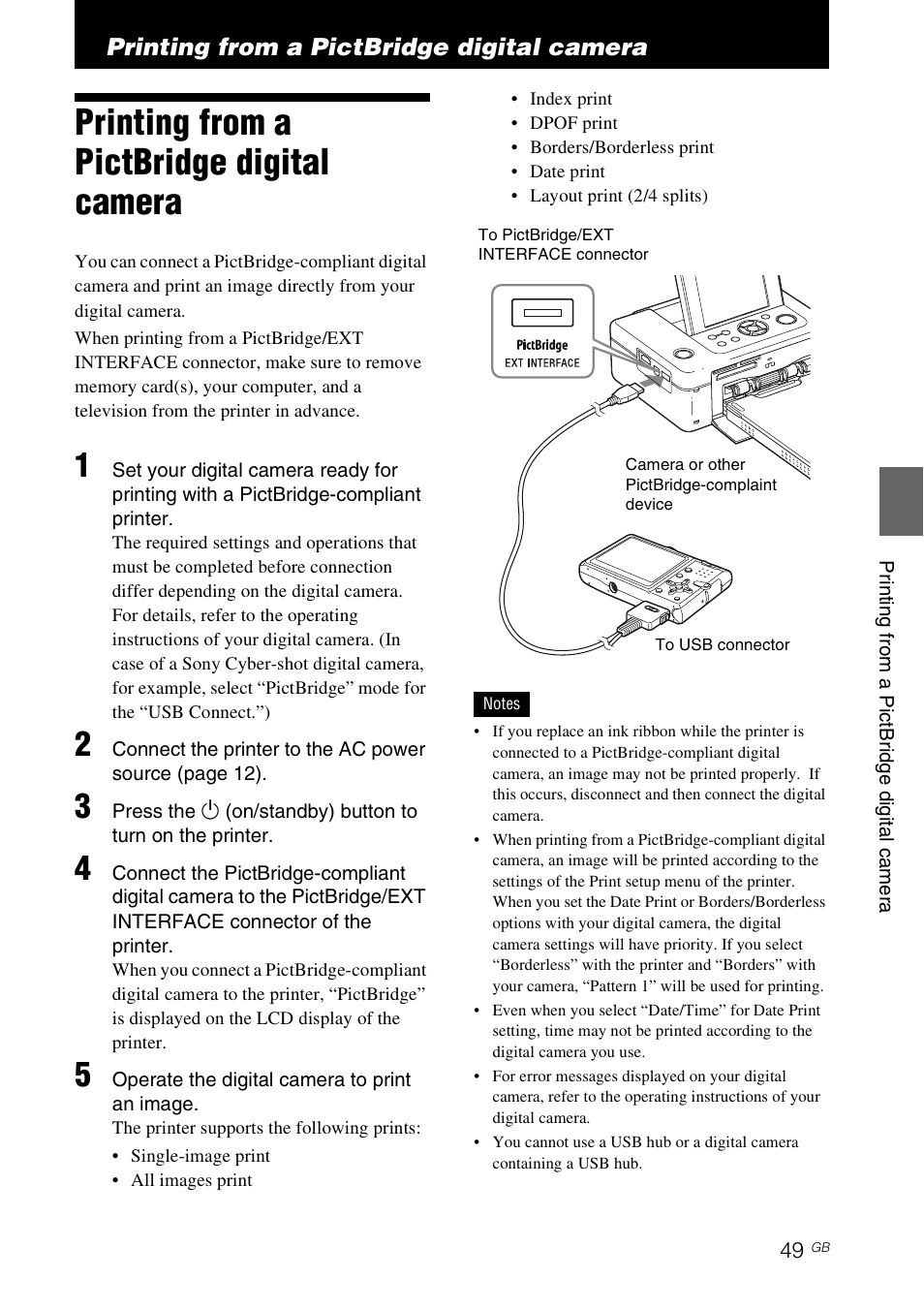 Printing from a pictbridge digital camera, Printing from a pictbridge, Digital camera | Sony DPP-FP97 User Manual | Page 49 / 88