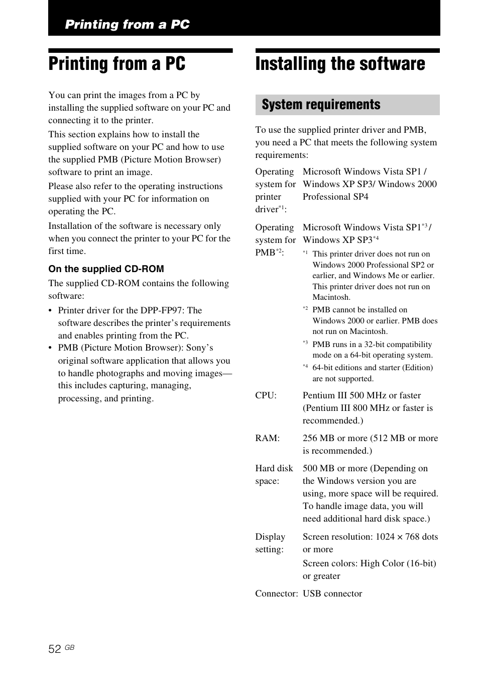 Printing from a pc, Installing the software, System requirements | Sony DPP-FP97 User Manual | Page 52 / 88