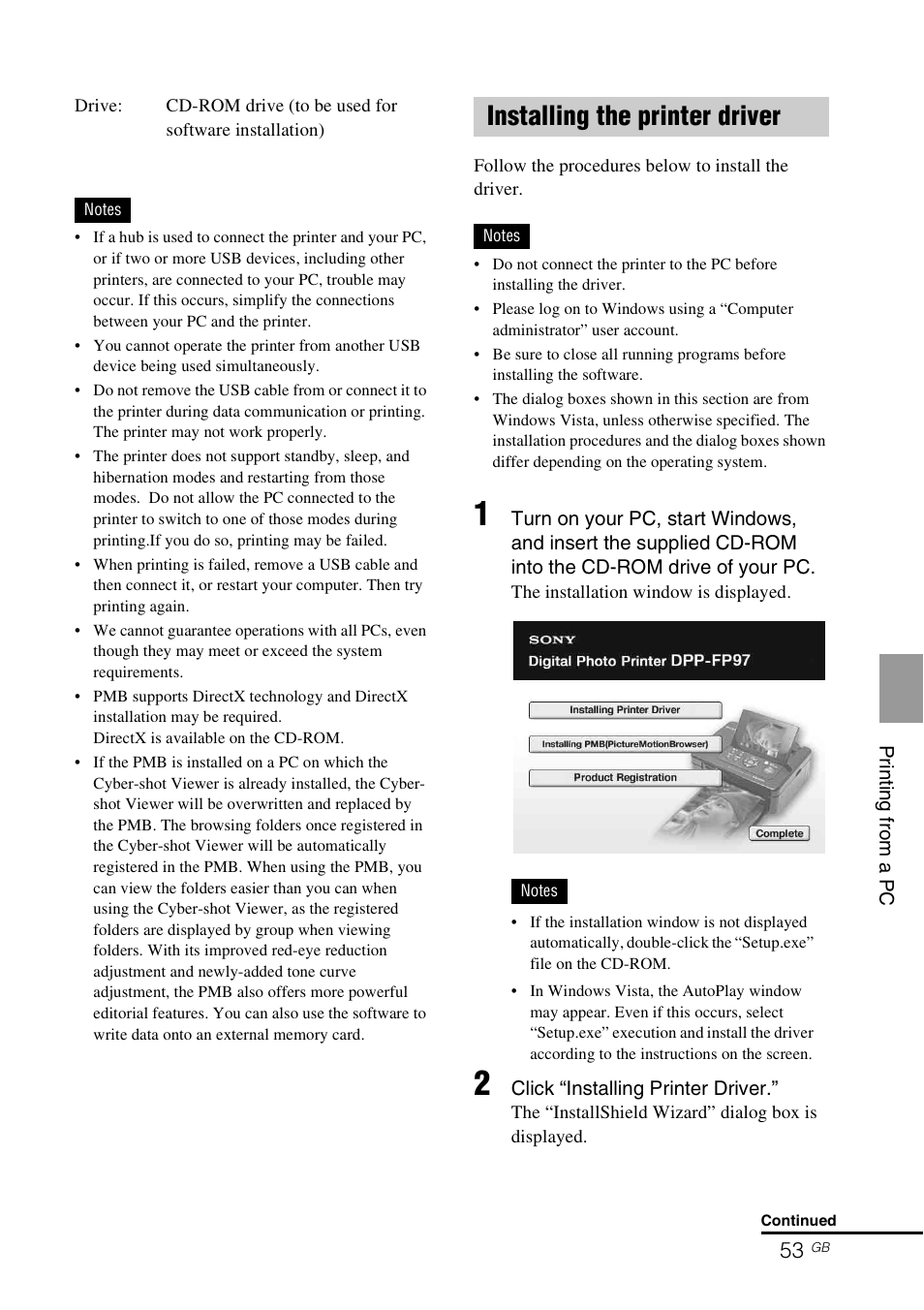 Installing the printer driver | Sony DPP-FP97 User Manual | Page 53 / 88