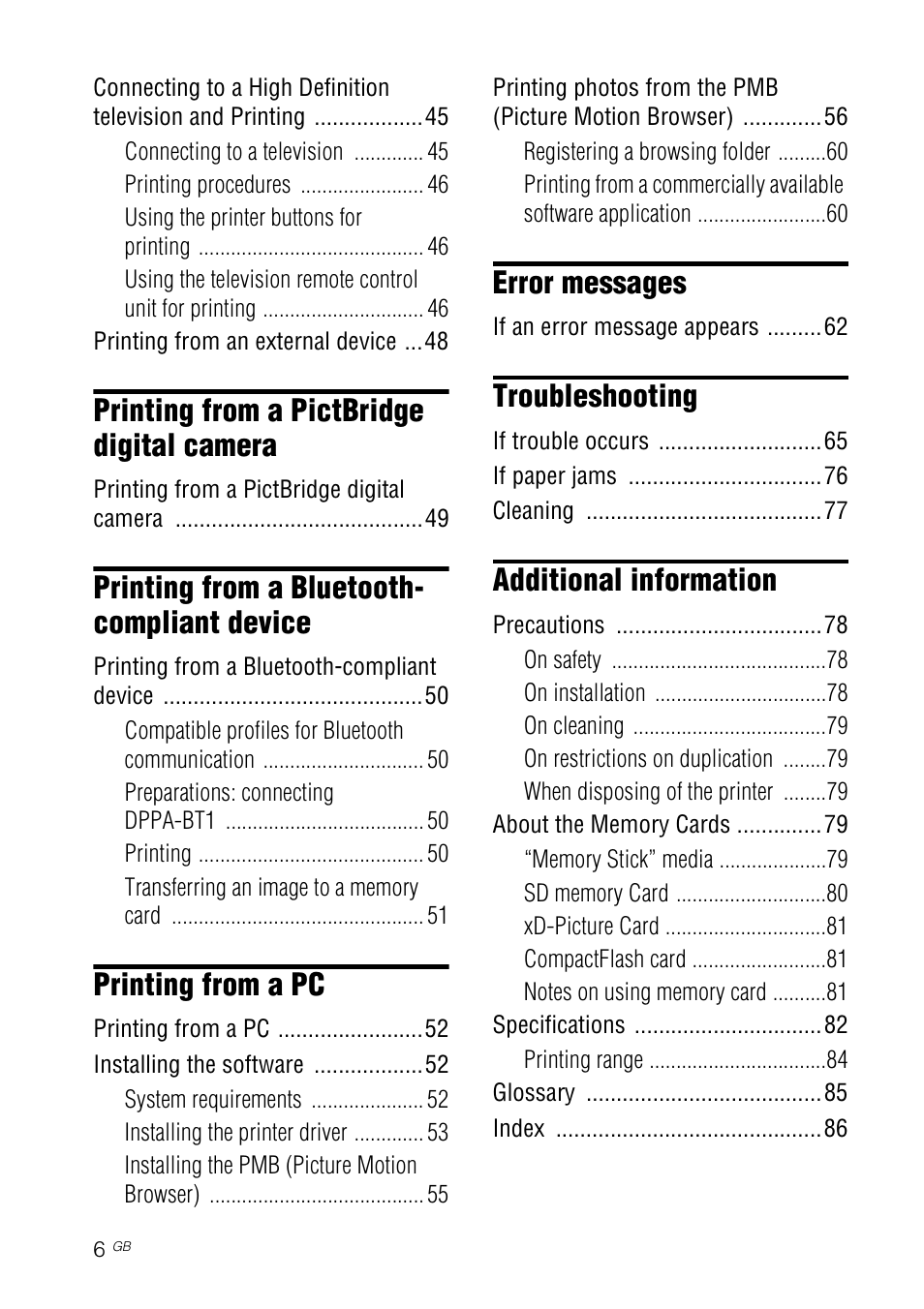 Printing from a pictbridge digital camera, Printing from a bluetooth- compliant device, Printing from a pc | Error messages, Troubleshooting, Additional information | Sony DPP-FP97 User Manual | Page 6 / 88