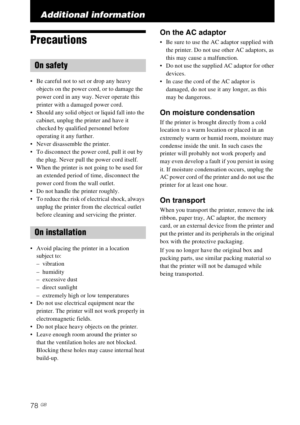 Additional information, Precautions, On safety | On installation, On safety on installation | Sony DPP-FP97 User Manual | Page 78 / 88