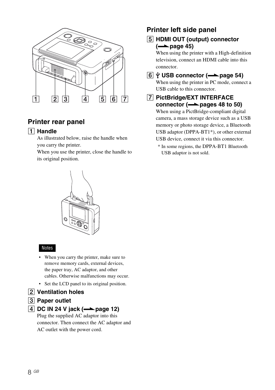 Printer rear panel, Printer left side panel | Sony DPP-FP97 User Manual | Page 8 / 88