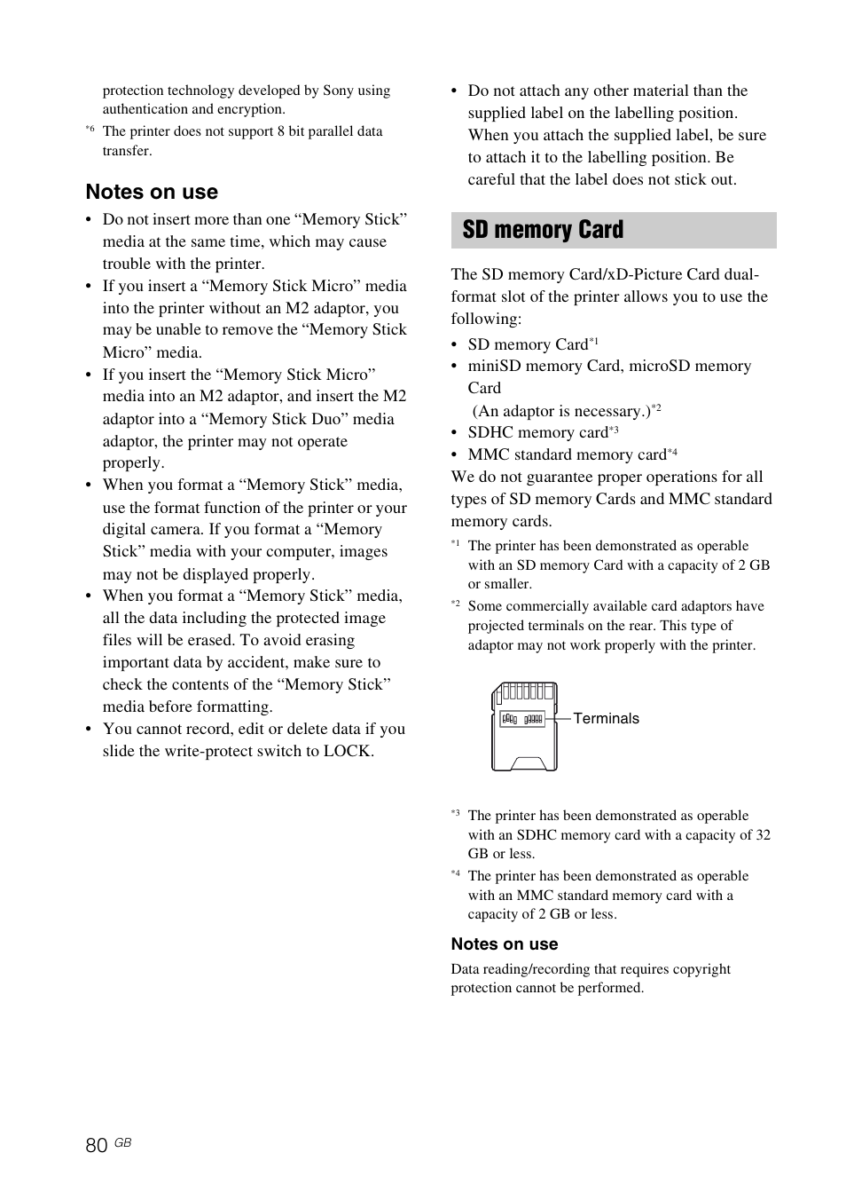 Sd memory card | Sony DPP-FP97 User Manual | Page 80 / 88