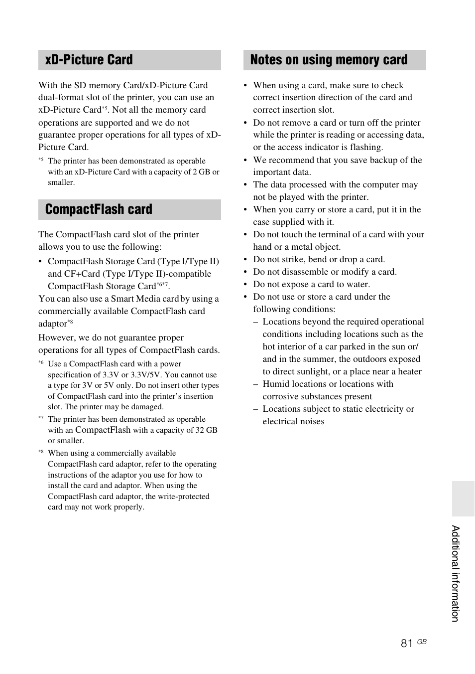 Xd-picture card, Compactflash card, Notes on using memory card | Sony DPP-FP97 User Manual | Page 81 / 88