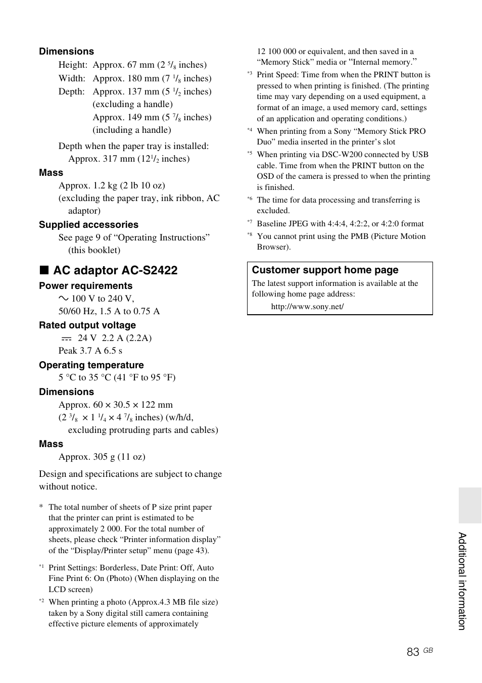 X ac adaptor ac-s2422, Ad diti on al i n fo rma tio n, Customer support home page | Sony DPP-FP97 User Manual | Page 83 / 88