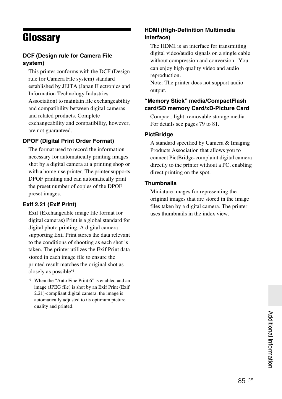 Glossary | Sony DPP-FP97 User Manual | Page 85 / 88