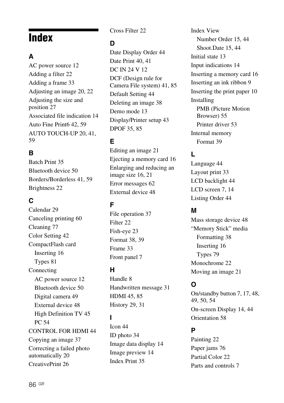 Index | Sony DPP-FP97 User Manual | Page 86 / 88