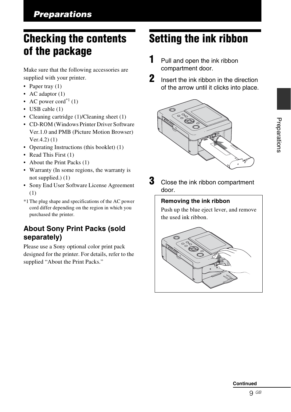 Preparations, Checking the contents of the package, Setting the ink ribbon | Sony DPP-FP97 User Manual | Page 9 / 88