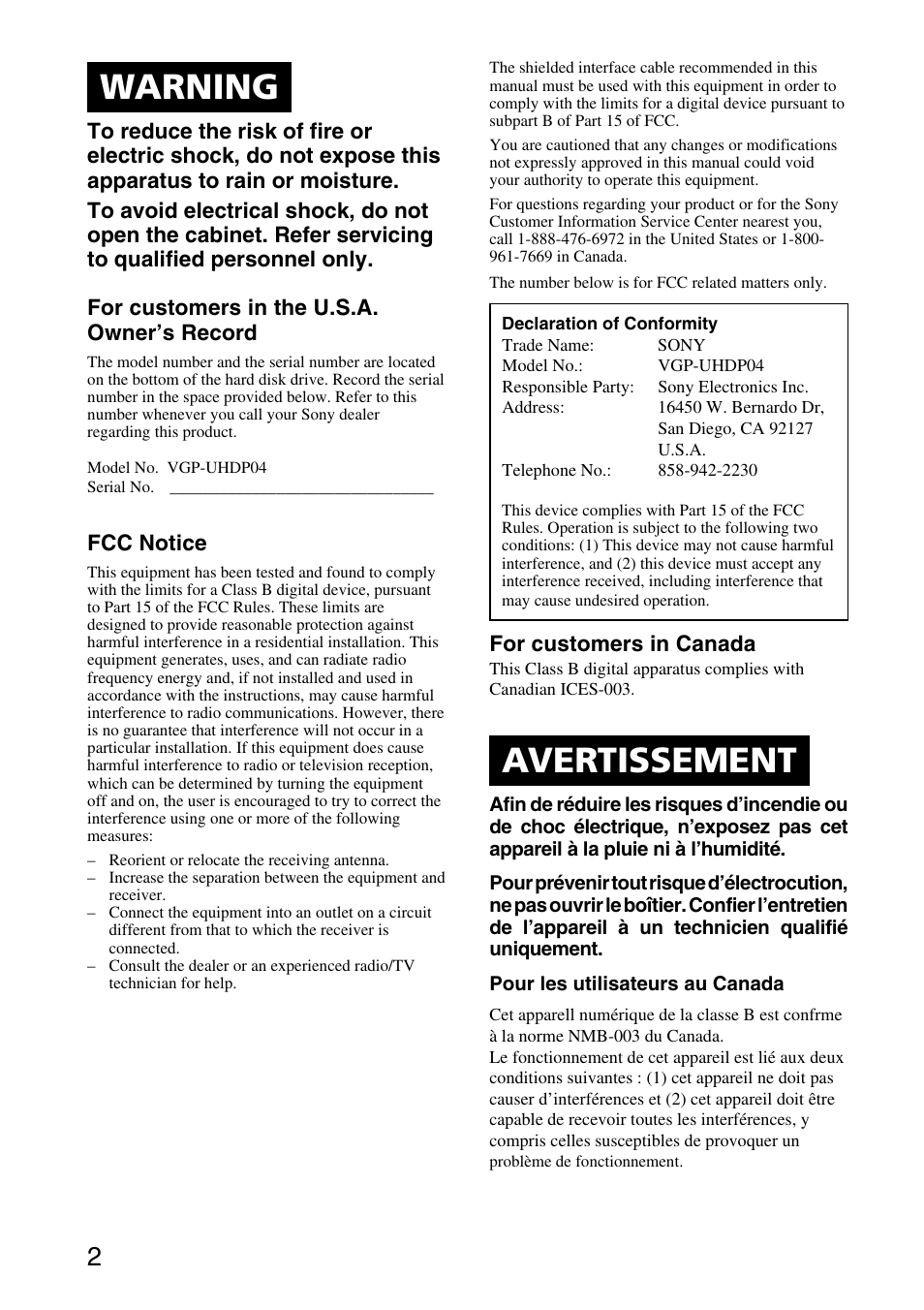 Warning, Avertissement | Sony VGP-UHDP04 User Manual | Page 2 / 23