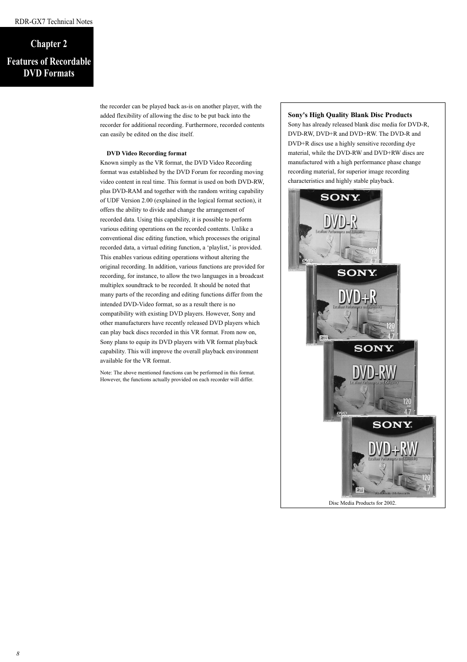 Chapter 2 features of recordable dvd formats | Sony RDR-GX7 User Manual | Page 8 / 34