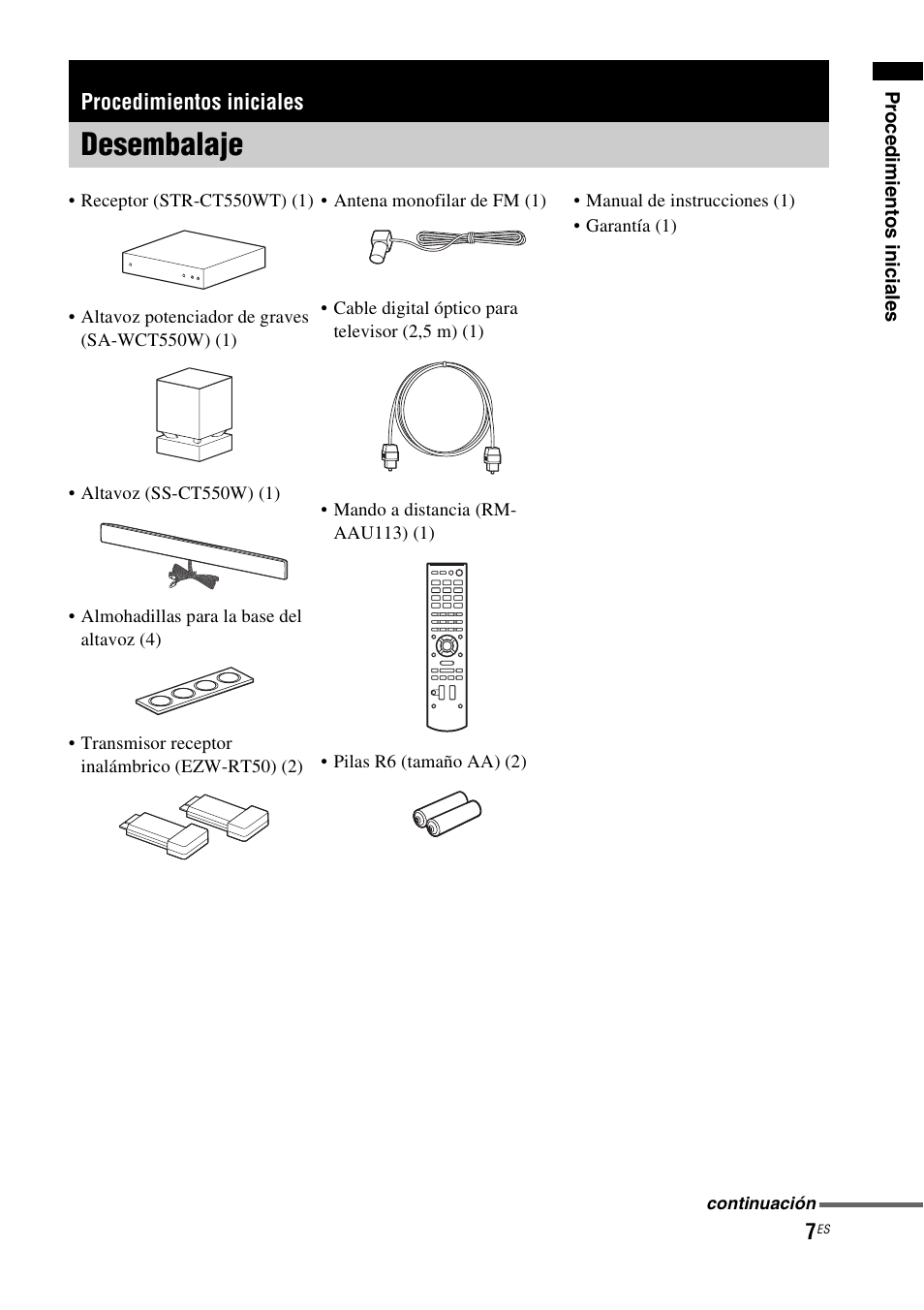 Procedimientos iniciales, Desembalaje | Sony HT-CT550W User Manual | Page 101 / 142