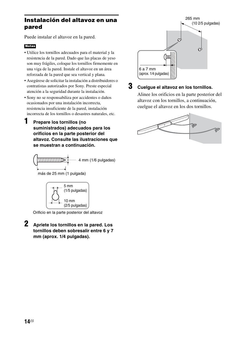 Instalación del altavoz en una pared | Sony HT-CT550W User Manual | Page 108 / 142