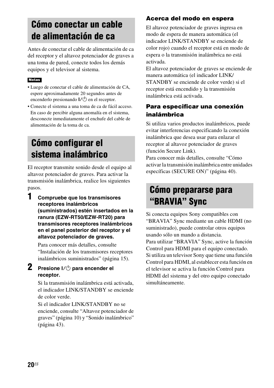 Cómo conectar un cable de alimentación de ca, Cómo configurar el sistema inalámbrico, Cómo prepararse para “bravia” sync | Cómo conectar un cable de alimentación, De ca, Cómo configurar el sistema, Inalámbrico, Cómo prepararse para “bravia, Sync | Sony HT-CT550W User Manual | Page 114 / 142