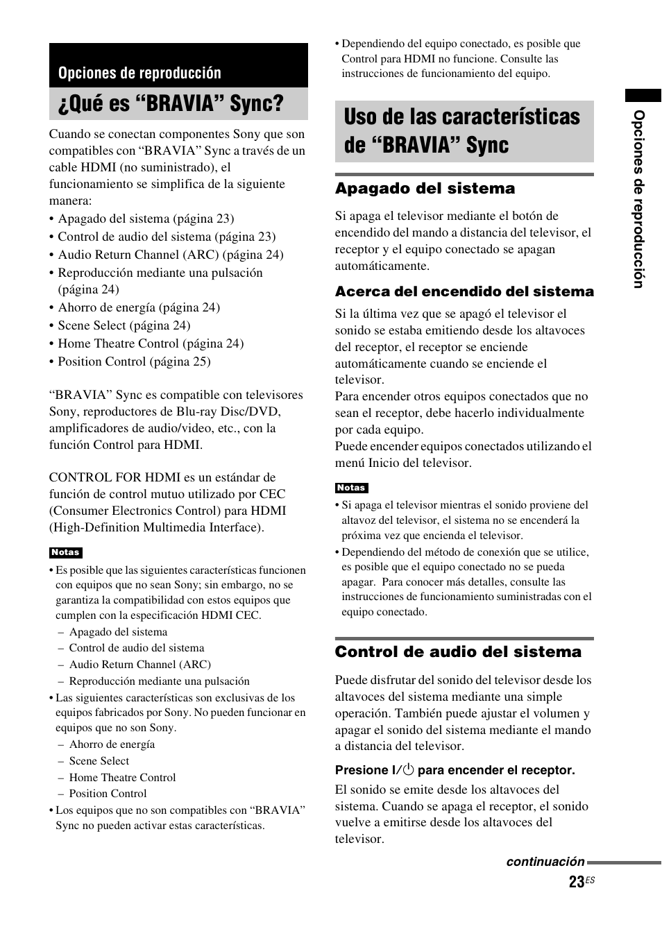 Opciones de reproducción, Qué es “bravia” sync, Uso de las características de “bravia” sync | Sync, Apagado del sistema, Control de audio del sistema | Sony HT-CT550W User Manual | Page 117 / 142