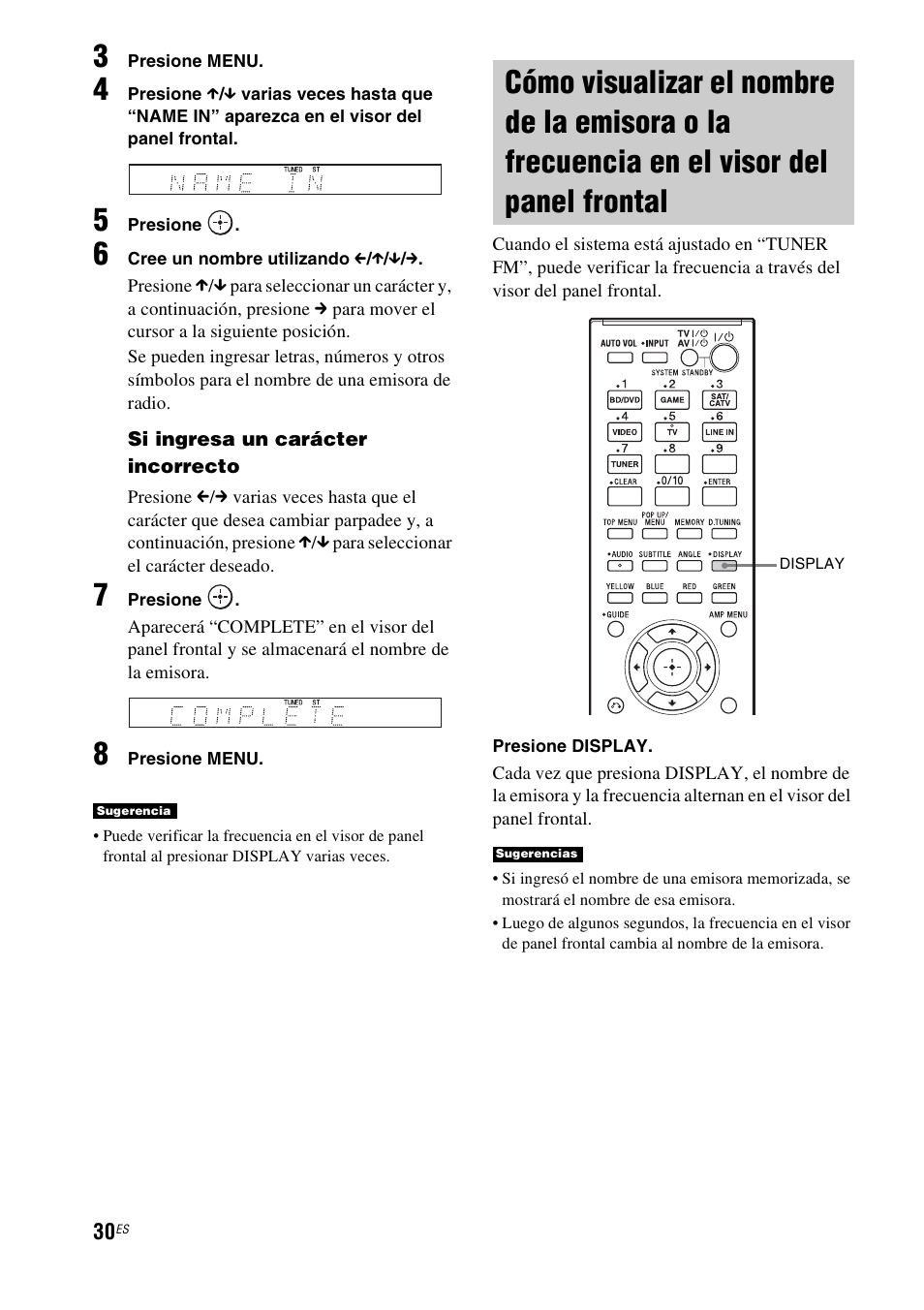 Cómo visualizar el nombre de la emisora o, La frecuencia en el visor del panel frontal | Sony HT-CT550W User Manual | Page 124 / 142