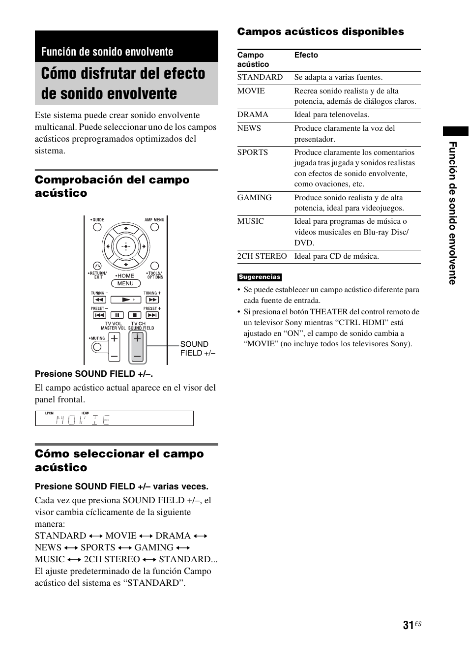 Función de sonido envolvente, Cómo disfrutar del efecto de sonido envolvente, Cómo disfrutar del efecto de sonido | Envolvente, Comprobación del campo acústico, Cómo seleccionar el campo acústico | Sony HT-CT550W User Manual | Page 125 / 142