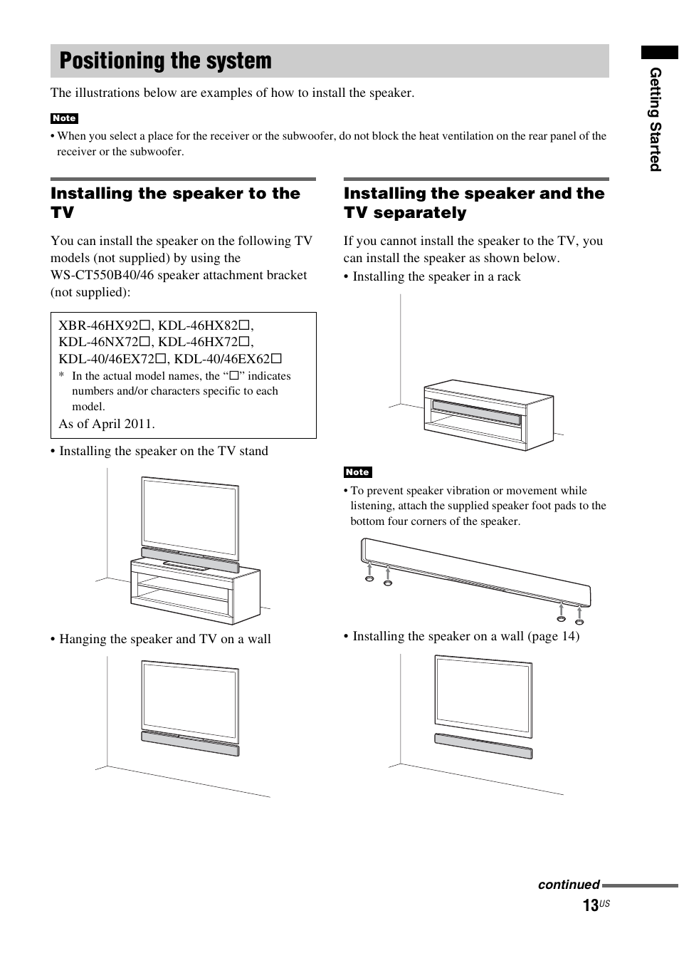 Positioning the system, Installing the speaker to the tv, Installing the speaker and the tv separately | Sony HT-CT550W User Manual | Page 13 / 142