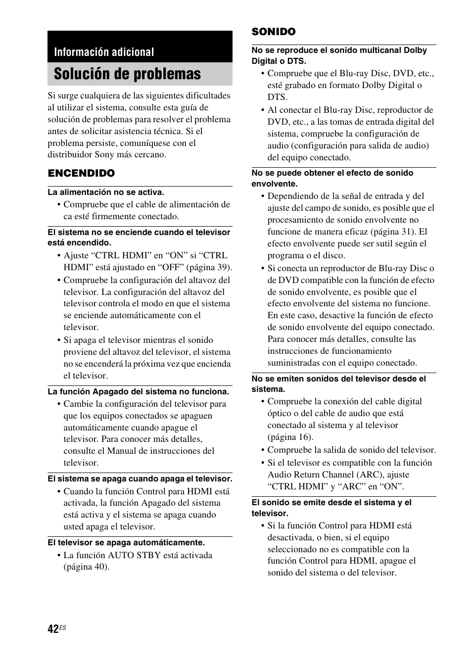 Información adicional, Solución de problemas | Sony HT-CT550W User Manual | Page 136 / 142