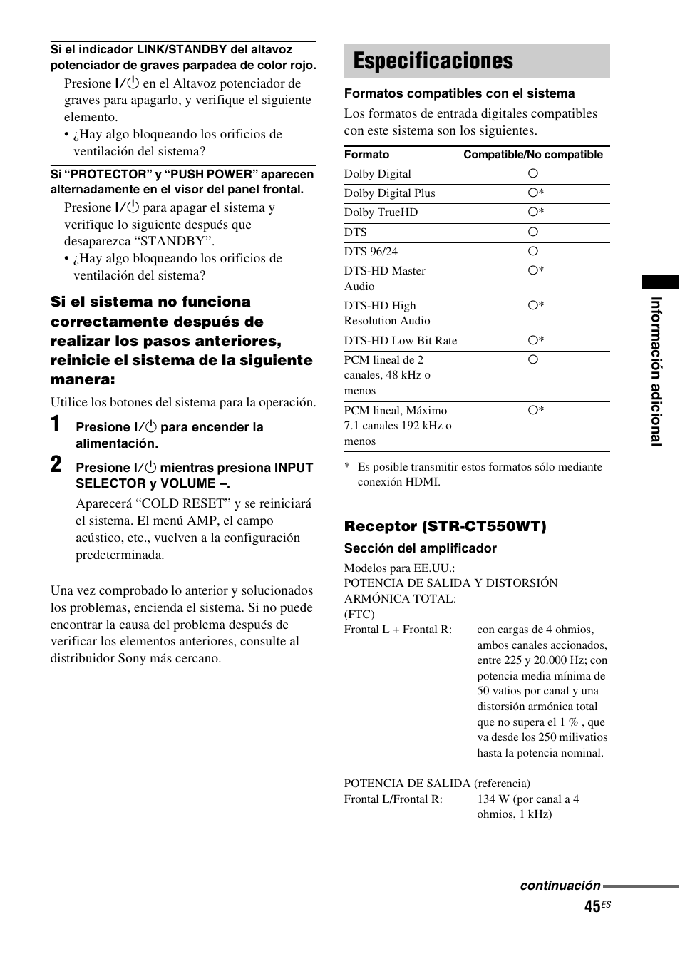 Especificaciones | Sony HT-CT550W User Manual | Page 139 / 142