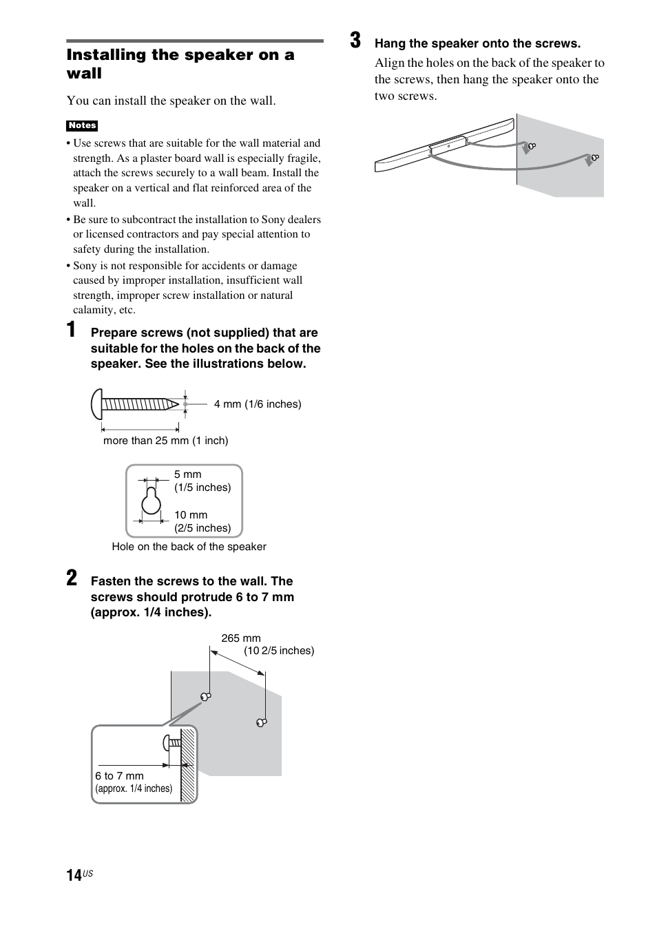 Installing the speaker on a wall | Sony HT-CT550W User Manual | Page 14 / 142