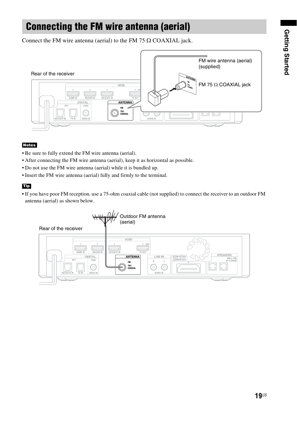 Connecting the fm wire antenna (aerial) | Sony HT-CT550W User Manual | Page 19 / 142