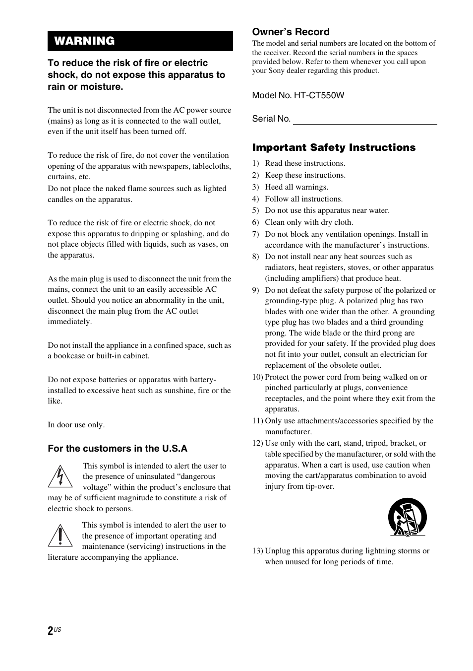 Warning, Owner’s record, Important safety instructions | Sony HT-CT550W User Manual | Page 2 / 142