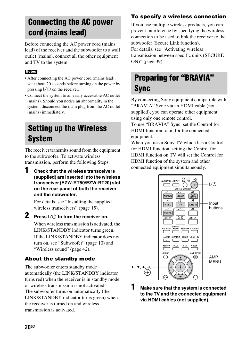 Connecting the ac power cord (mains lead), Setting up the wireless system, Preparing for “bravia” sync | Connecting the ac power cord (mains, Lead) | Sony HT-CT550W User Manual | Page 20 / 142