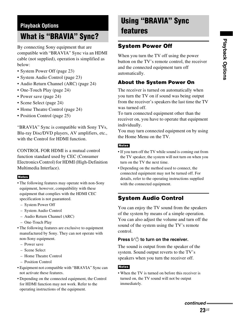 Playback options, What is “bravia” sync, Using “bravia” sync features | System power off, System audio control | Sony HT-CT550W User Manual | Page 23 / 142