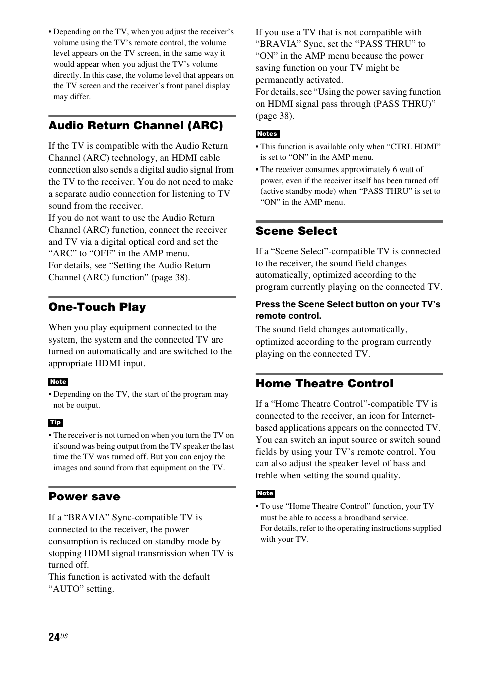 Audio return channel (arc), One-touch play, Power save | Scene select, Home theatre control | Sony HT-CT550W User Manual | Page 24 / 142