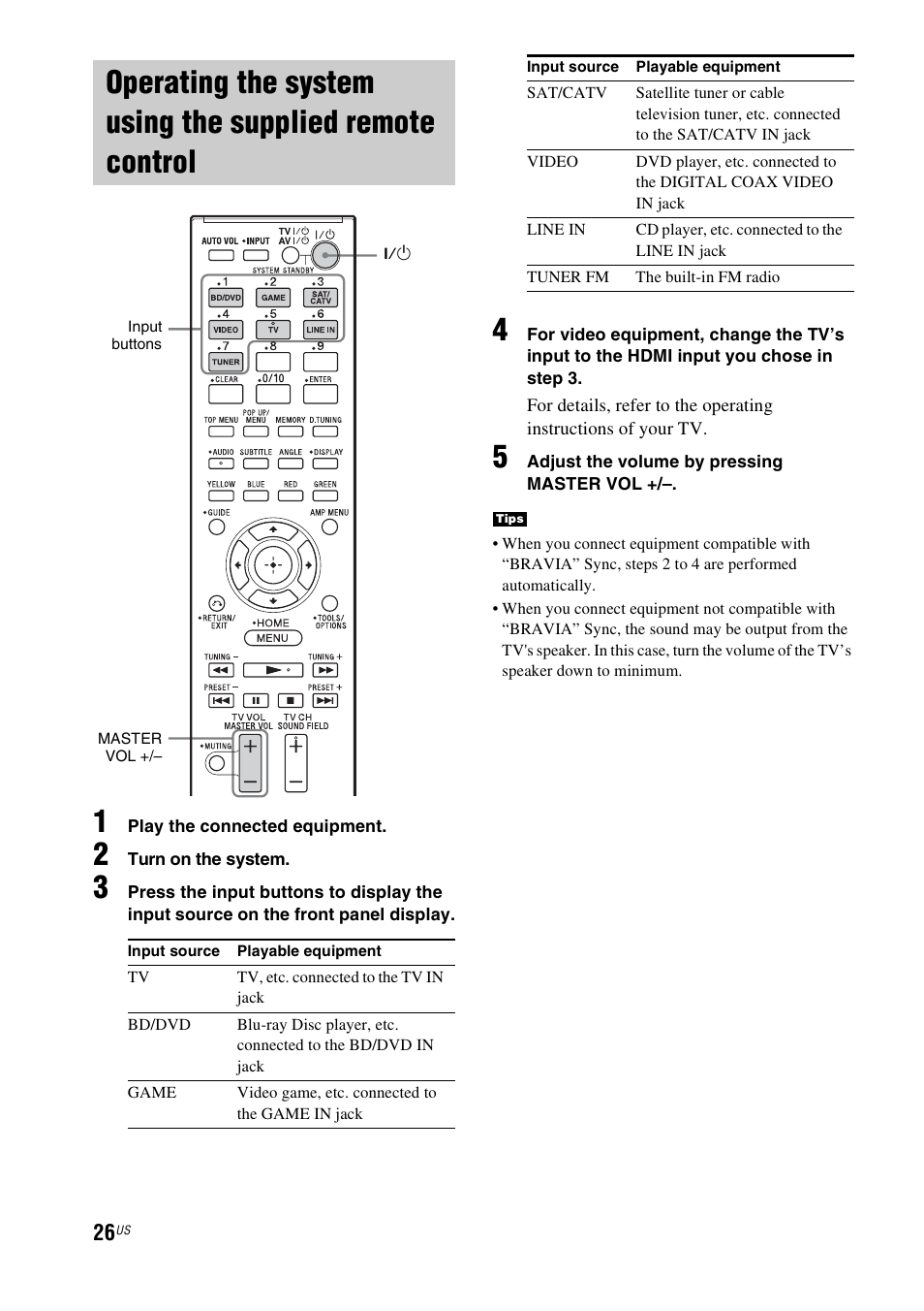 Operating the system using the supplied, Remote control | Sony HT-CT550W User Manual | Page 26 / 142