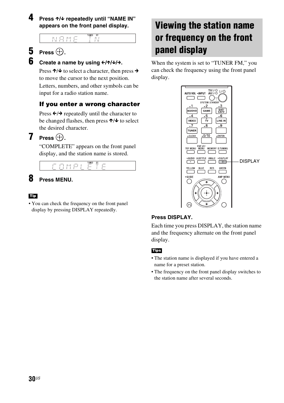 Viewing the station name or frequency on, The front panel display | Sony HT-CT550W User Manual | Page 30 / 142