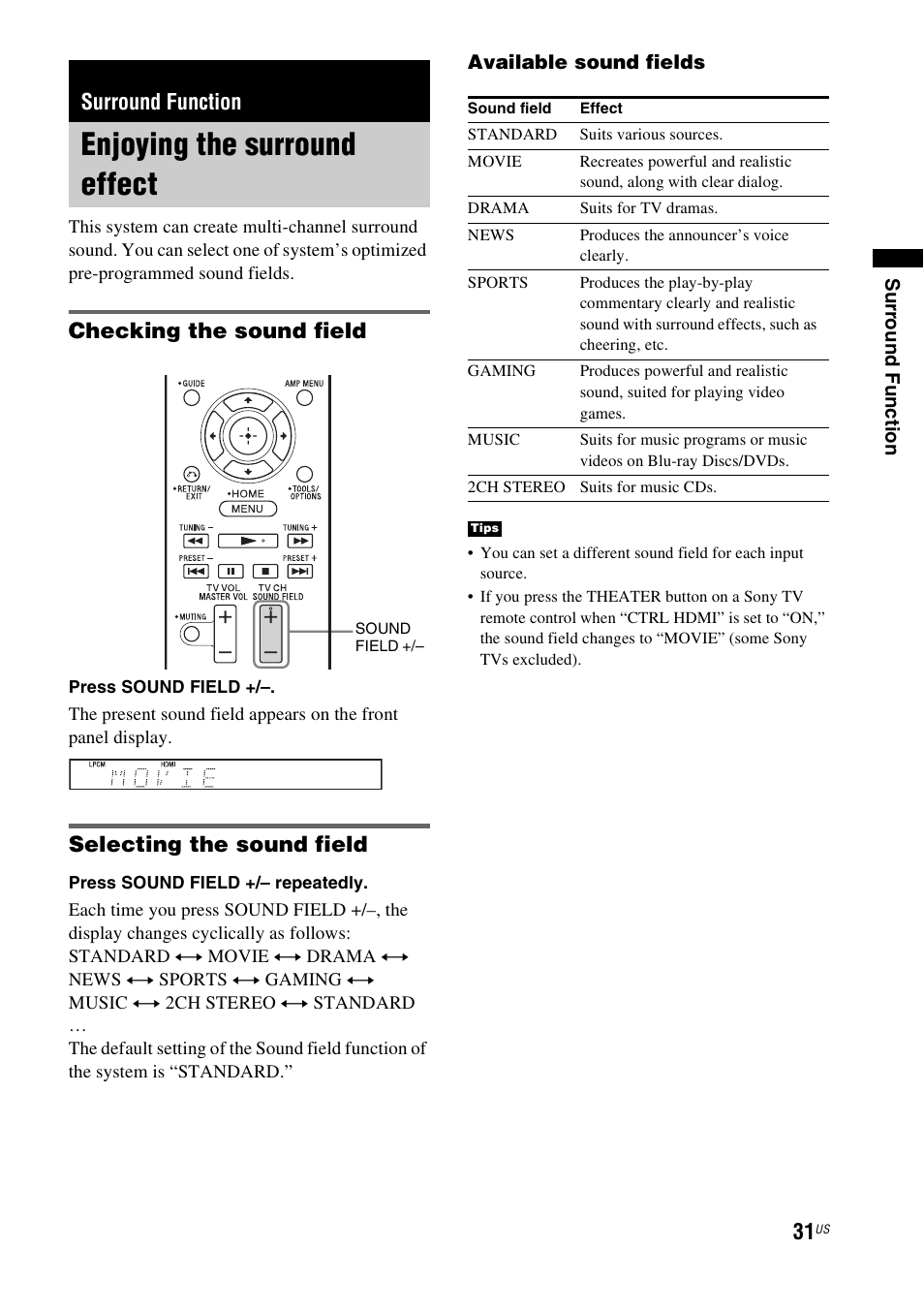 Surround function, Enjoying the surround effect, Checking the sound field | Selecting the sound field | Sony HT-CT550W User Manual | Page 31 / 142