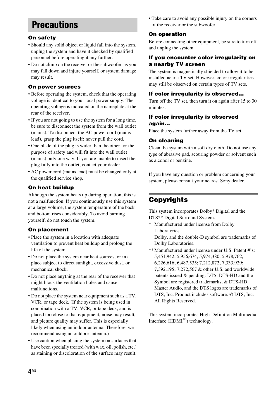 Precautions, Copyrights | Sony HT-CT550W User Manual | Page 4 / 142