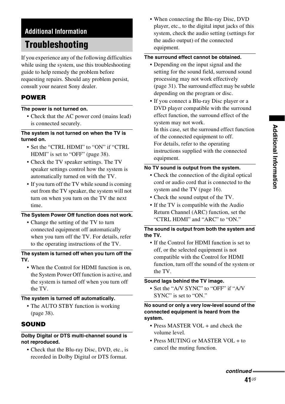 Additional information, Troubleshooting | Sony HT-CT550W User Manual | Page 41 / 142